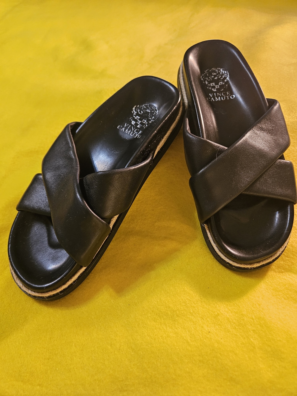 Vince Camuto Black Leather Crisscross Slide Sandals